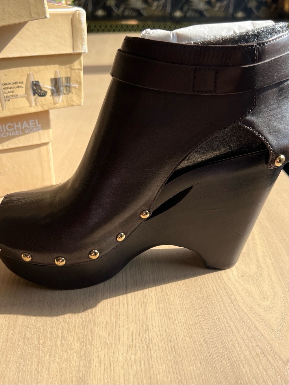 Michael Kors Dark Brown Leather Wedge Ankle Boot with Gold MK Accent - Picture 3 of 5